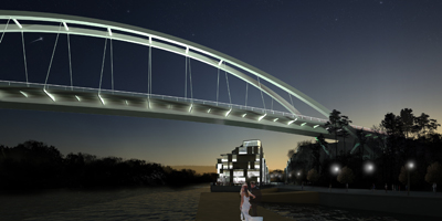 Bron sedd från Stockholms inlopp. Kvarnholmens hus sticker ut till höger under bron.