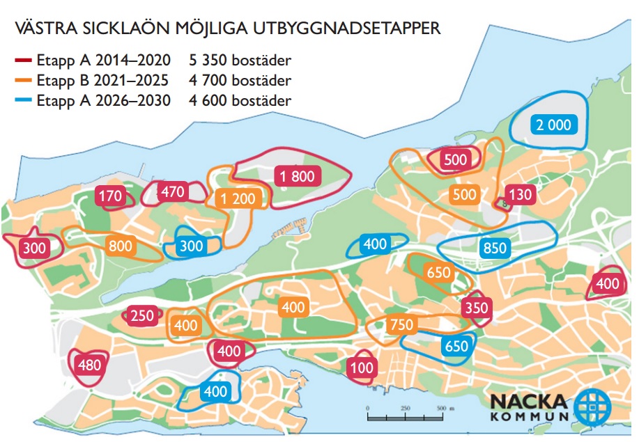 Västra Sicklaön, Nacka: Troliga bostadsrprojekt på Kvarnholmen, Finnboda, Henriksdal och Gäddviken