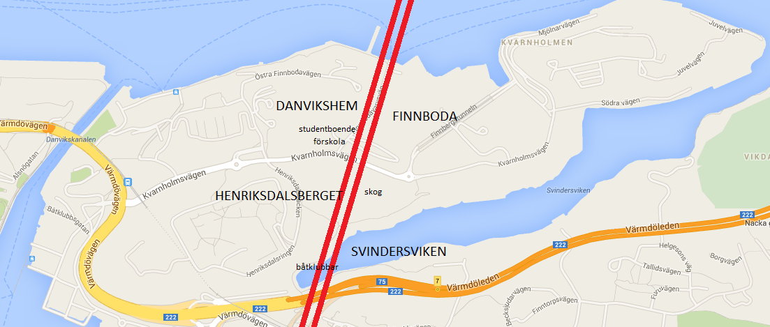 Möjlig dragning av Österled via Danvikshem, Finnboda, Henriksdalsberget och Svindersviken