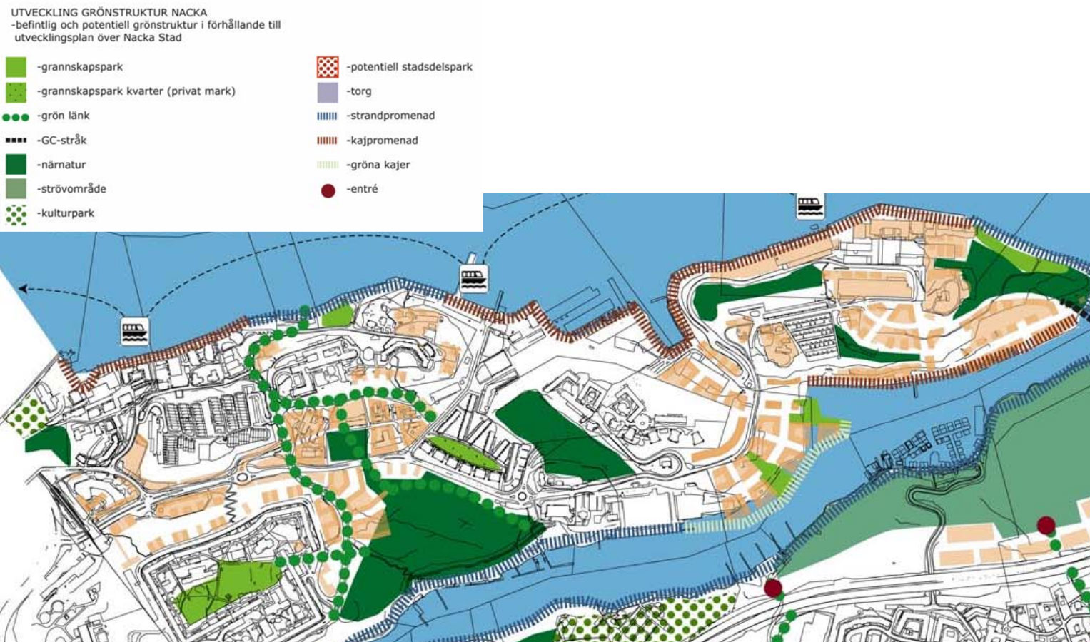planerade grönområden och bebyggelse på Västra Sicklaön i Nacka