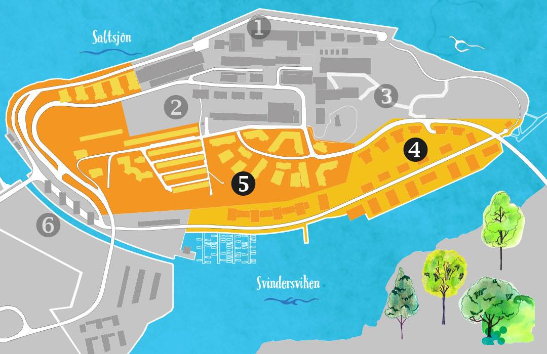 Områden för detaljplan 4 och 5 på Kvarnholmen i Nacka