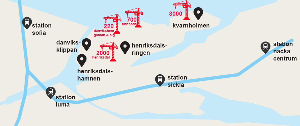 karta med planerade stationer för förlängningen av blå linjen till nacka och gullmarsplan samt nya placering nya bostäder