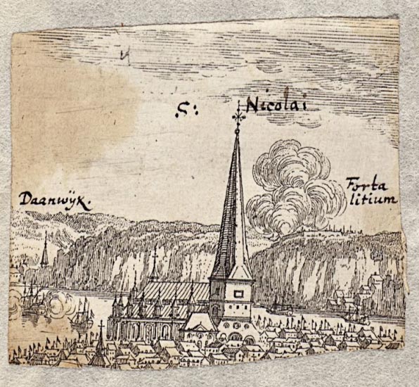 Danviken i Erik Dahlberghs gravyr av Storkyrkan från nordväst