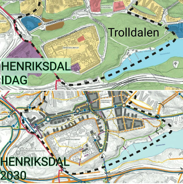 Karta visar dagens grönområden i Henriksdal & Trolldalen i Nacka och hur dessa ska bebyggas fram till 2030