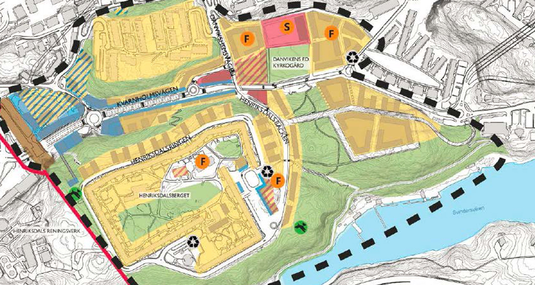 Kartan visar tilltänkt ny bebyggelse inom planprogrammet för Henriksdal innan man reviderade planen efter 460 yttranden