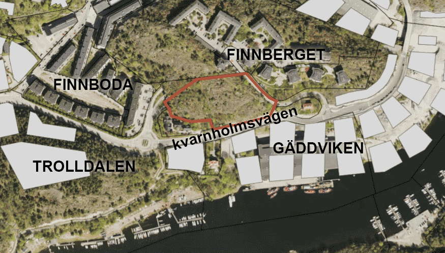 Karta visar hur Finnberget, Gäddviken och Trolldalen ska bebyggas enligt Nacka kommuns planer.