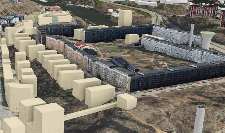 Illustrationen visar vilken bebyggelse som Nacka kommun vill placera mellan Henriksdalsringen och Kvarnholmsvägen.