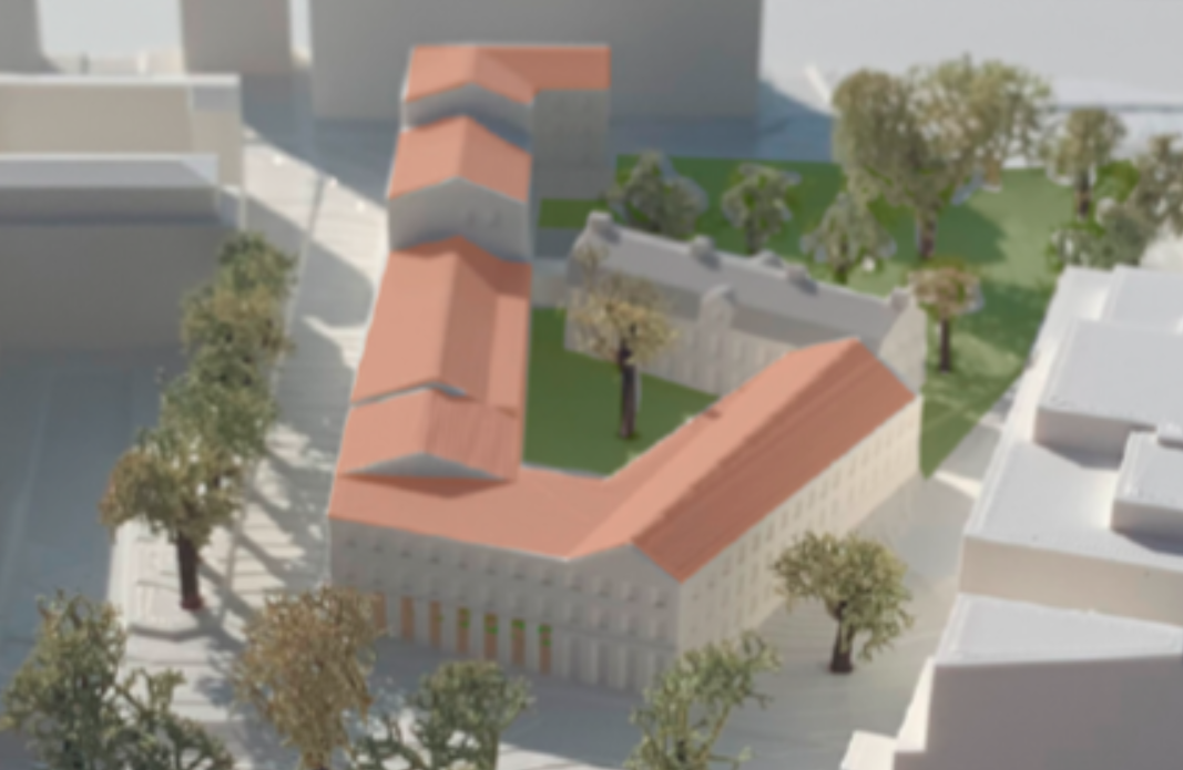 Illustration visar hur Hovings malmgård ska omges av ett vårdboende