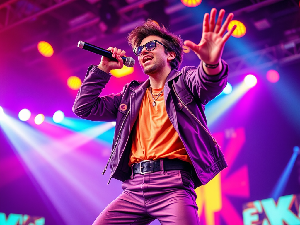 Sångare på scenen sjunger på 90-talet