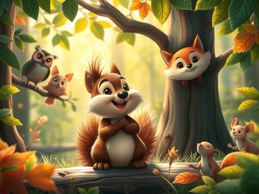 Ekorre, skogsmus, räv och uggla i Trolldalen (ritat med AI)