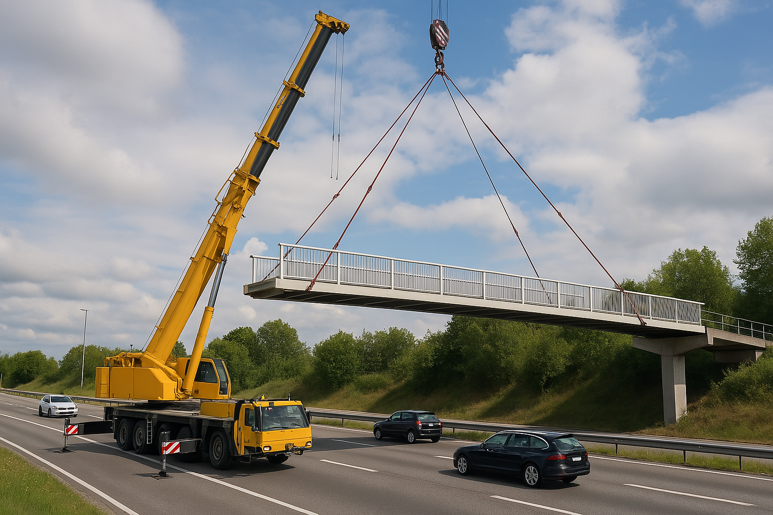 Bro lyfts över bilväg med en krav (ritat med AI)