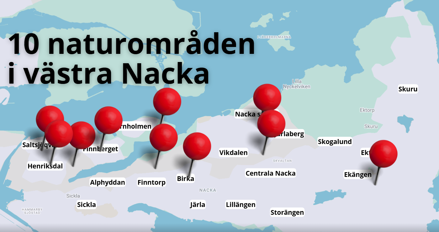 Karta med 10 naturområden i västra Nacka som redan har exploaterats eller som hotas av exploatering
