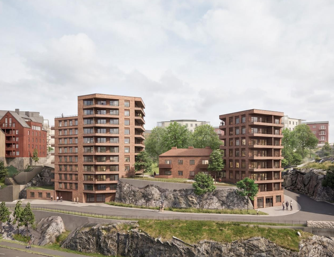 Illustration som visar ny bebyggelse på södra Finnberget, vy söderifrån